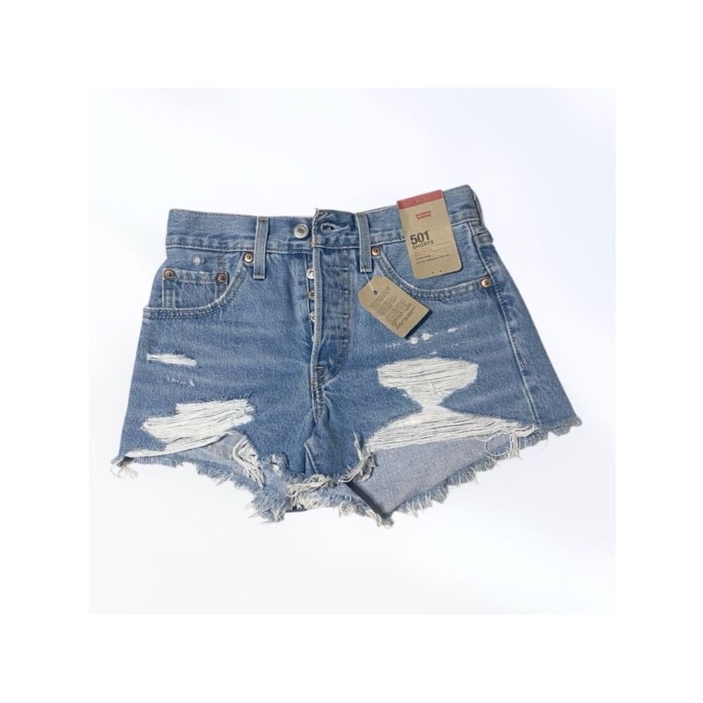LEVI’S Shorts NWT 501 High Rise Ripped Button Fly In Quiet Riot Blue Size 24